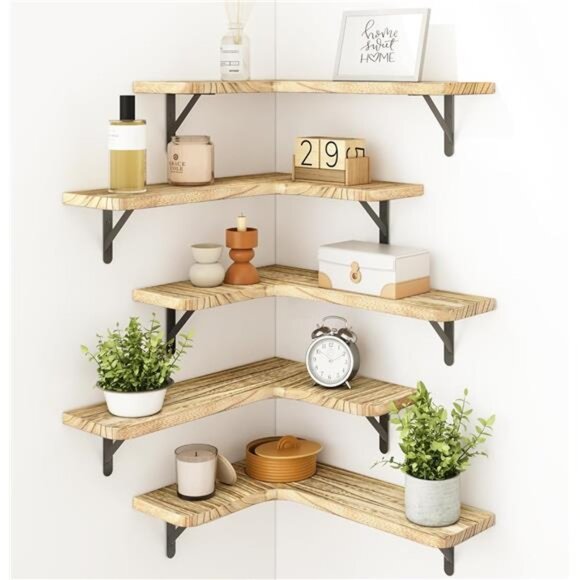 Floating Shelves for Wall, Rustic Wood Wall Mounted Corner Shelf for Bathroom - Picture 1 of 7